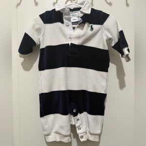 Ralph Lauren 3m velvet material baby boy navy & white striped one-piece
